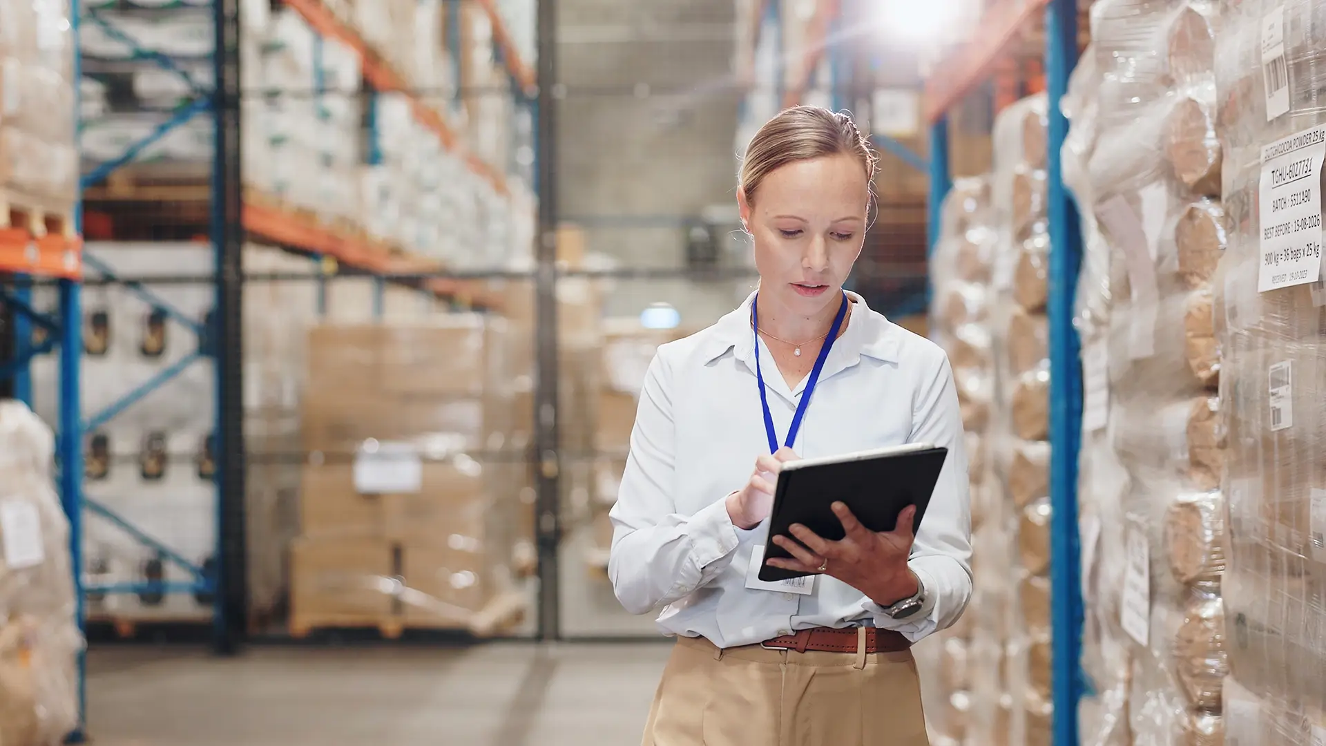 woman standing in warehouse working with tablet