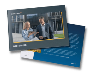 Serviceware whitepaper cover showing two smiling professionals in conversation, with the title “WHITEPAPER” and Serviceware logo in a business setting.