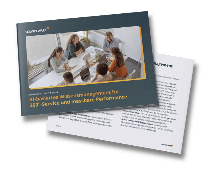 Serviceware brochure titled “The New AI Era in Knowledge Management,” showing two professionals with a digital device and highlighting simplicity, improvement, and speed.